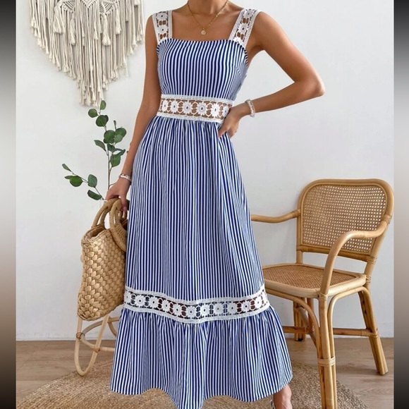 Boho Stripes Floral Sheer Mesh Lace Tiered Cami Maxi Dress - Picture 4 of 6